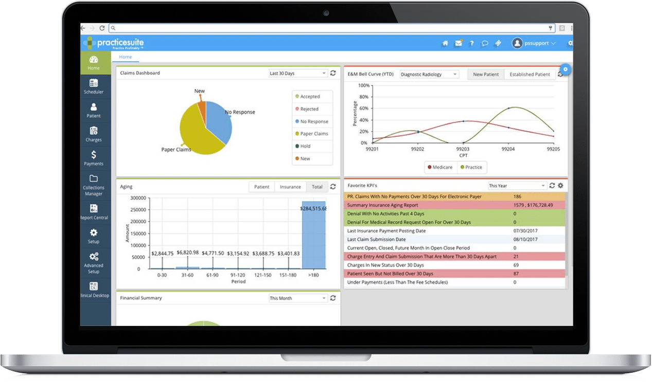 Screenshot of PracticeSuite’s medical practice management software on a laptop screen