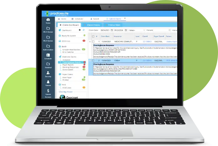 Screenshot of PracticeSuite’s medical practice management software on a laptop screen