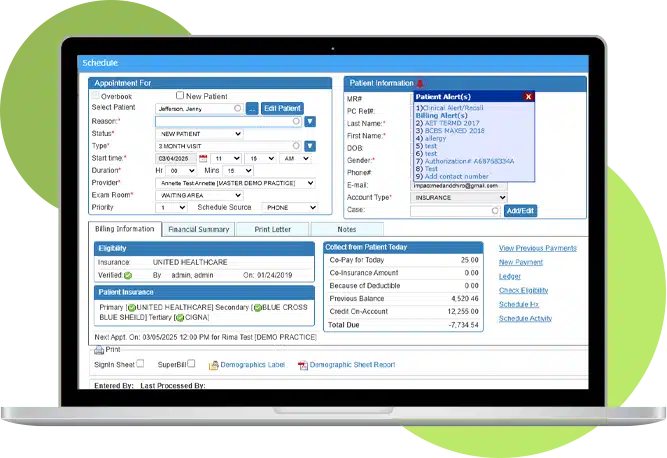 Screenshot of PracticeSuite’s medical scheduling software software interface on a laptop