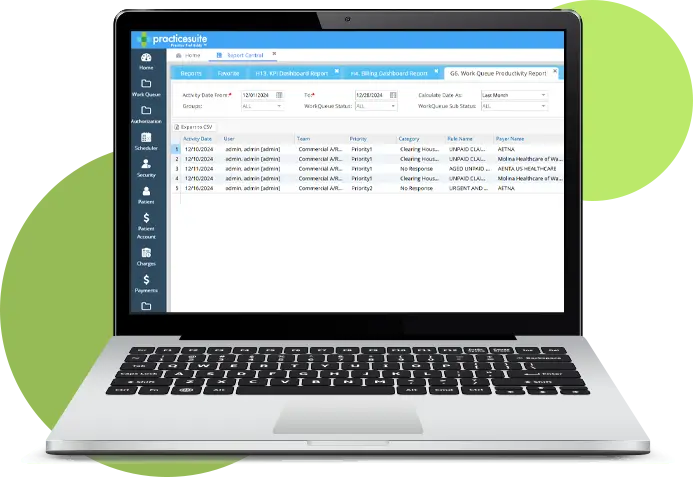 Screenshot of PracticeSuite’s RCM billing services tools