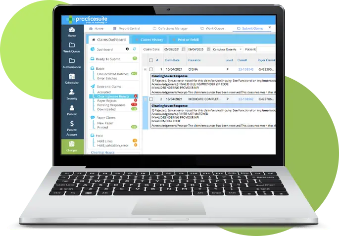 Screenshot of PracticeSuite’s RCM billing services tools