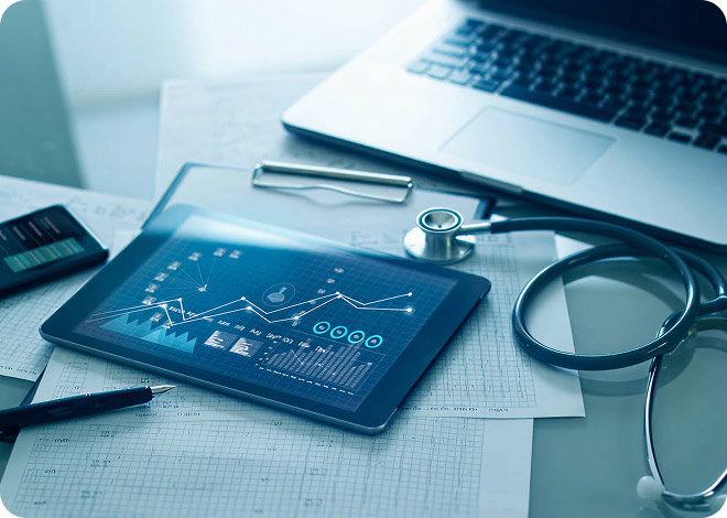 Tablet with product demo on doctor's work desk