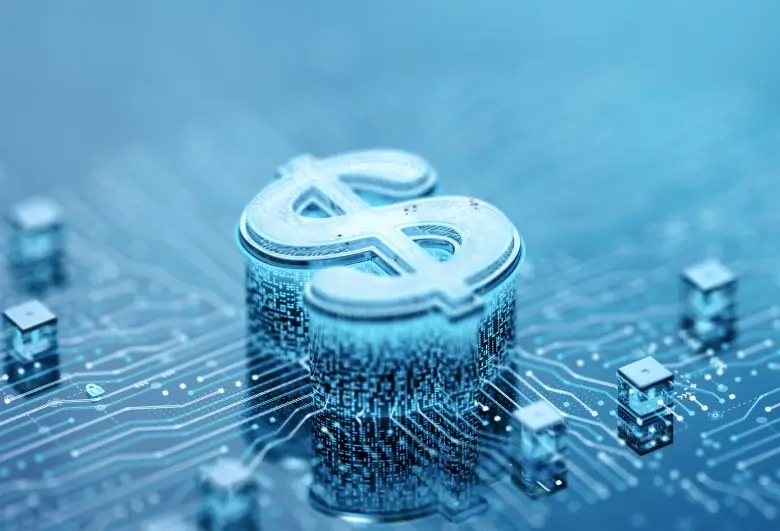 Digital dollar sign on a blue microchip circuit board