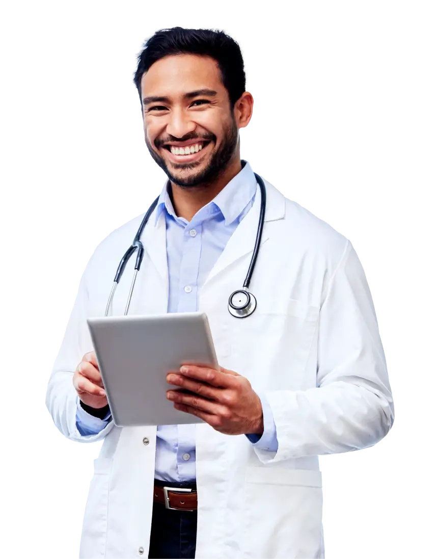 Medical professional smiling and holding a tablet
