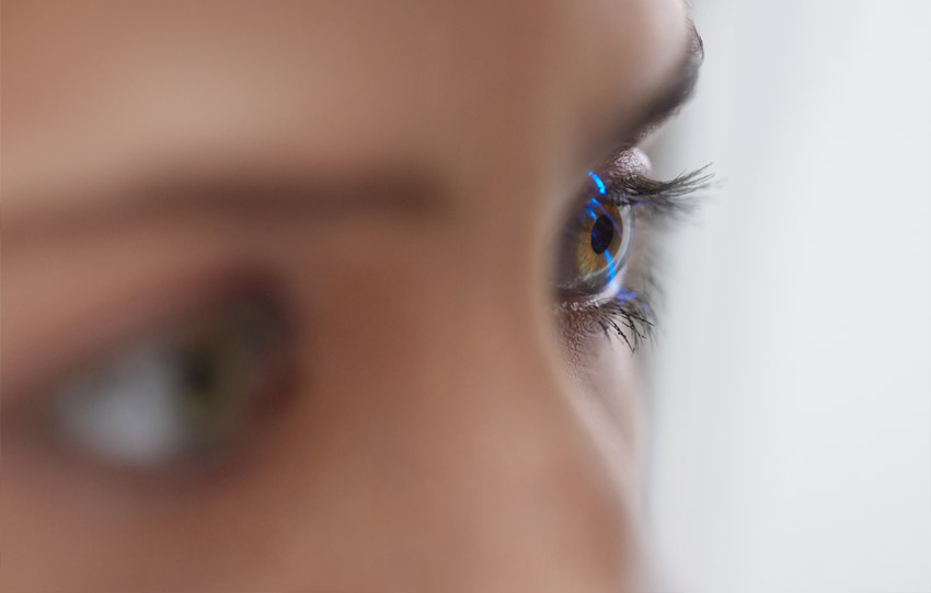 Close up of woman with one eye in focus