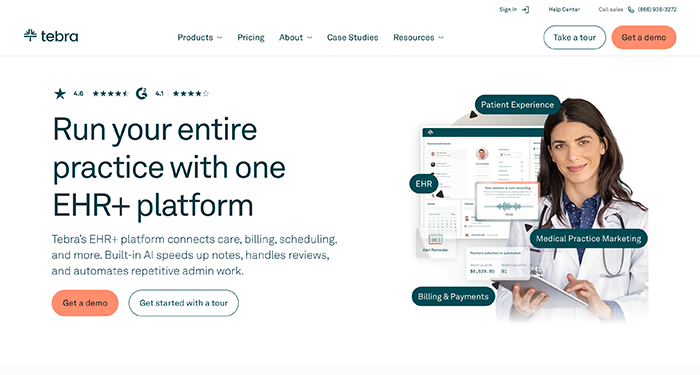 Screenshot of Tebra’s website homepage