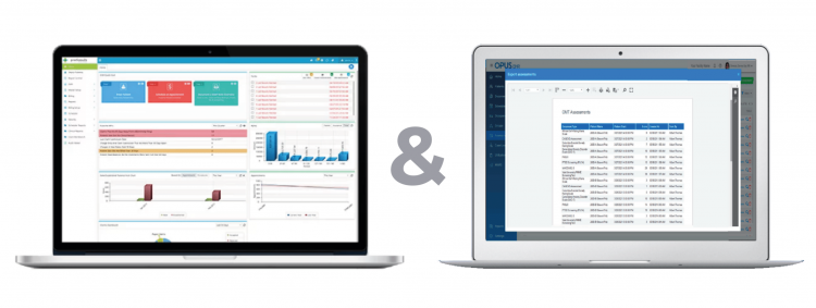 Two laptops displaying different dashboards