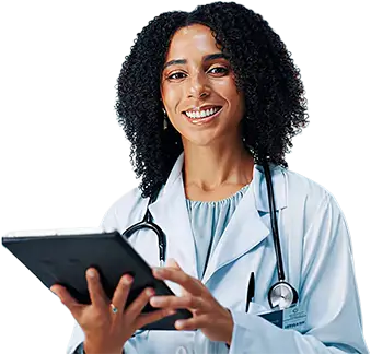 Medical professional smiling while holding a tablet