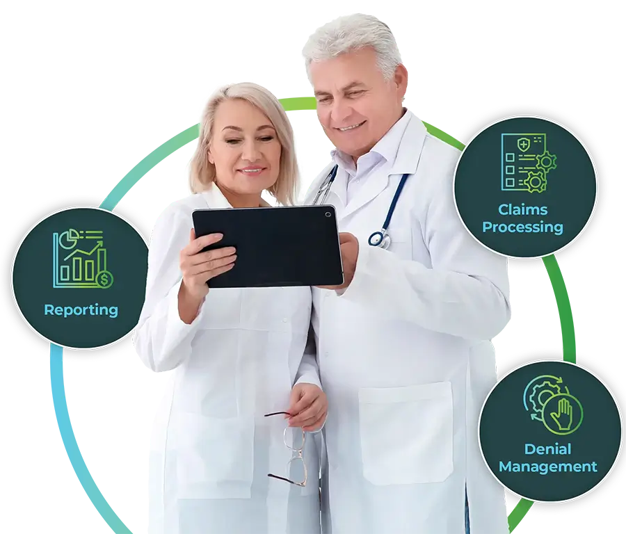 Confident medical professional using digital tools and support resources on tablet