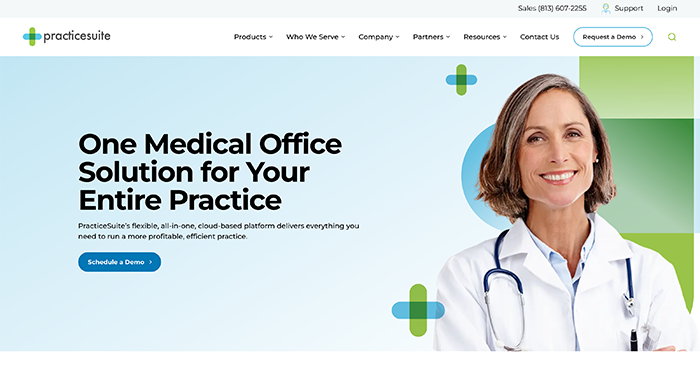 Screenshot of PracticeSuite’s homepage.