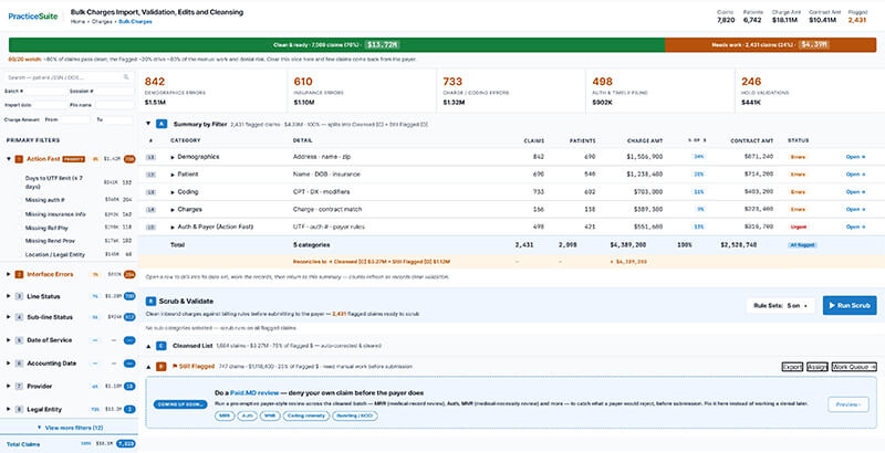 PracticeSuite bulk charge capture and claim inspector validating and cleansing claims
