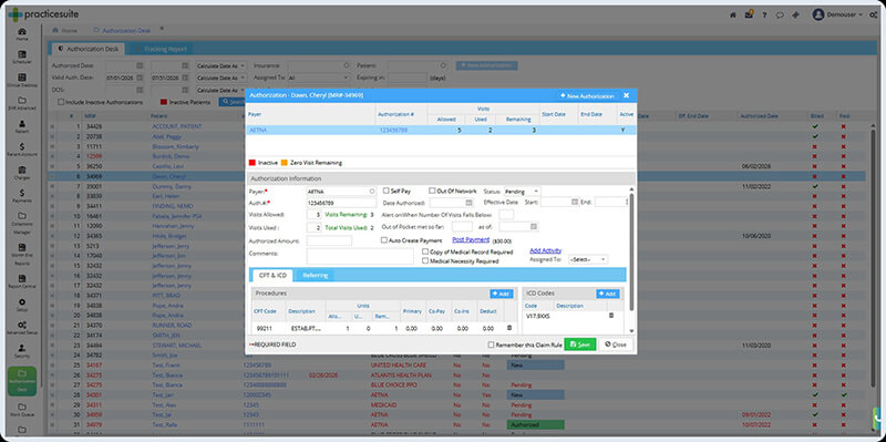 PracticeSuite authorization desk tracking prior authorizations across payers