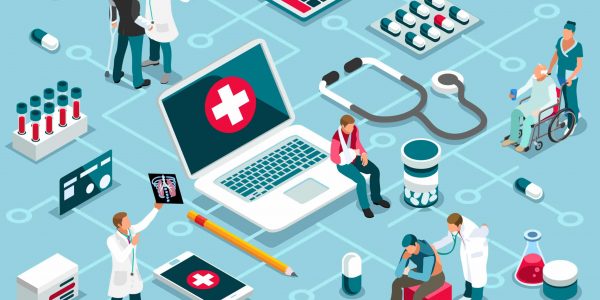 Treatment, clinic assistance on medicine services. Patient concept and clinic diagnosis. Patient assistance with healthcare technology. Infographics, banner. Flat images, vector illustration.
